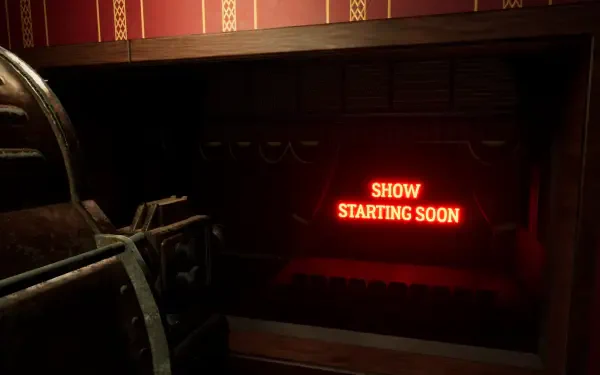 HD wallpaper from the video game Massacre At The Mirage, featuring a dimly lit stage with a red neon sign reading SHOW STARTING SOON.