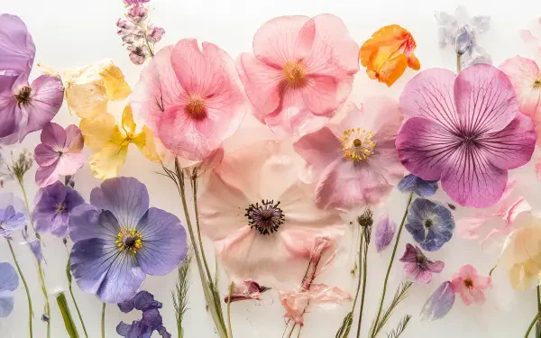 A vibrant arrangement of pressed flowers in various colors, showcasing delicate petals and stems. This stunning display serves as a 4K Ultra HD wallpaper and background.