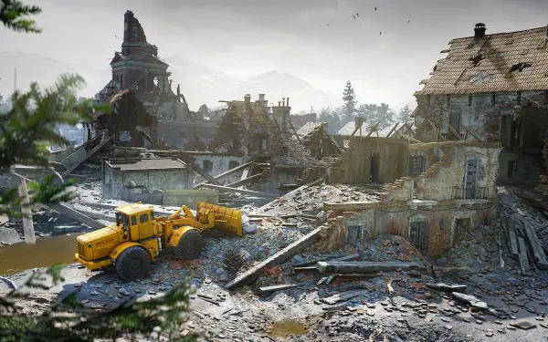 A detailed HD wallpaper from the video game RoadCraft, showcasing a yellow construction vehicle amidst a backdrop of a crumbled, desolate urban landscape.