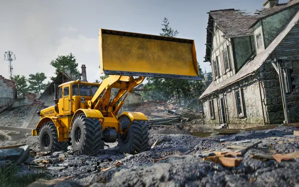 A vibrant HD PC desktop wallpaper featuring a yellow construction vehicle in a rugged landscape, showcasing a scene from the video game RoadCraft.