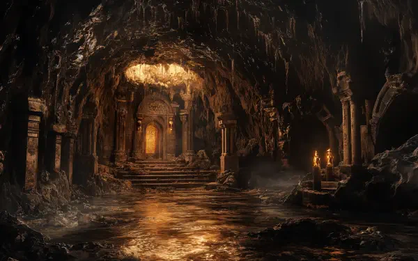 A breathtaking view of a dwarven underground city, showcasing intricate stone architecture and glowing reflections on water, all captured in stunning 4K Ultra HD detail.