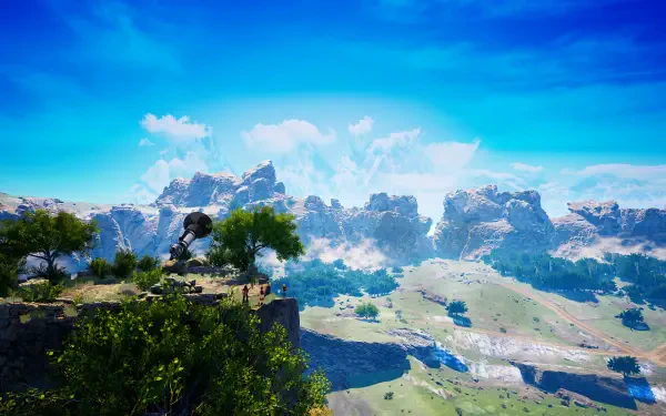 A stunning HD wallpaper showcasing the expansive landscapes of the video game Albatroz, featuring vibrant skies and majestic mountains under a bright blue atmosphere.