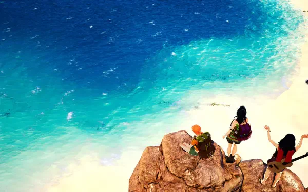 A vibrant HD wallpaper from the video game Albatroz, featuring three characters atop a rocky outcrop overlooking a picturesque blue ocean and serene sandy beach.