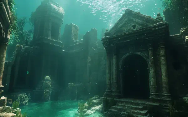 An enchanting underwater scene featuring ancient ruins, softly illuminated by sunlight filtering through the water, creating a captivating fantasy atmosphere. 4K Ultra HD quality enhances the detail.