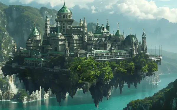 A stunning floating cityscape set against dramatic mountains, this 4K Ultra HD wallpaper showcases intricate architecture and lush greenery, reflecting beautifully on the tranquil waters below.