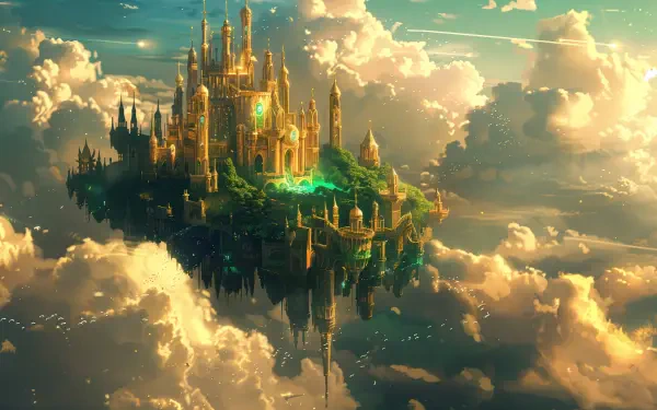 A stunning floating city, featuring grand architecture and lush greenery, hovers amidst fluffy clouds, captured in vibrant 4K Ultra HD for a captivating desktop wallpaper.