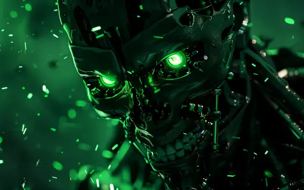 A close-up of a robot with glowing green eyes amidst a backdrop of digital debris, embodying the theme of an AI uprising in this vivid 4K Ultra HD wallpaper.