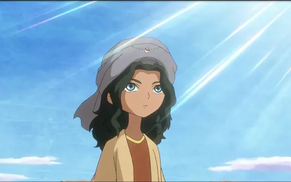 A young character with curly hair and expressive eyes gazes upward against a bright blue sky in this HD anime wallpaper, epitomizing themes from Future Folktales.