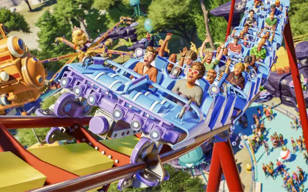 HD PC desktop wallpaper featuring a thrilling roller coaster ride from the video game Planet Coaster 2, capturing excited riders in vibrant, detailed animation.