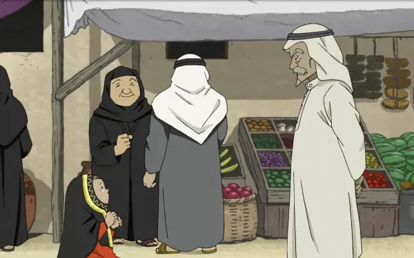A vibrant anime scene from Future Folktales, featuring a bustling market with characters in traditional attire engaging with each other amidst colorful produce displays.