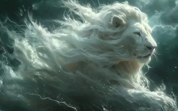 A majestic lion with flowing white mane races through a stormy backdrop, embodying power and grace. This stunning image serves as a captivating 4K Ultra HD desktop wallpaper.
