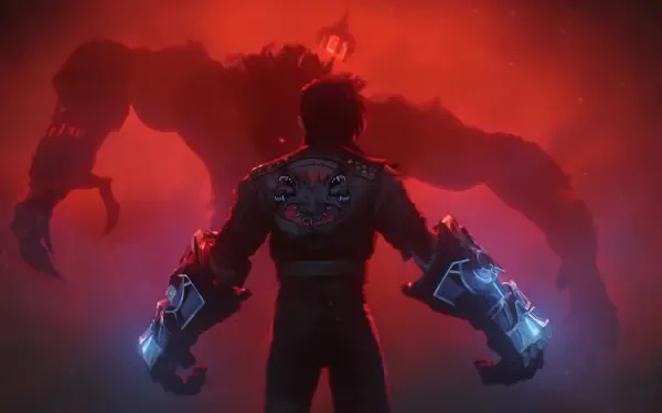 A dramatic HD wallpaper featuring VI from the TV show Arcane, standing confidently with glowing gauntlets, facing a menacing shadowy figure against a vivid red backdrop.