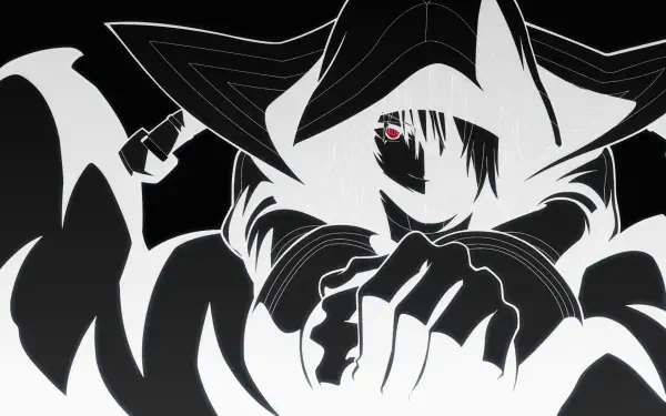 A striking HD wallpaper featuring Cid Kagenou from The Eminence in Shadow, depicted in a bold black and white design, showcasing an enigmatic and powerful pose.