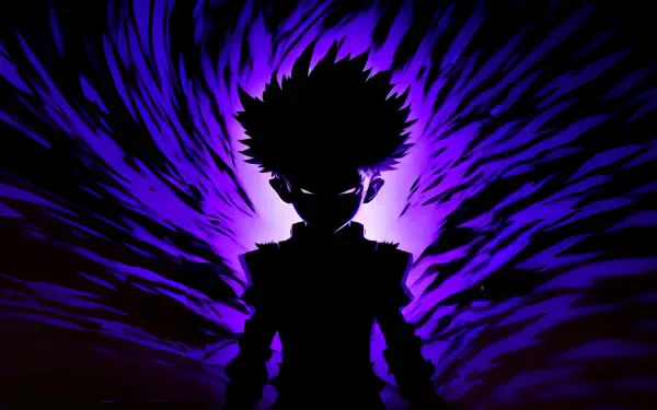 A dark anime-inspired silhouette against a vibrant purple backdrop, embodying a striking blend of mystery and intensity, perfect as a HD desktop wallpaper for fans of phonk culture.