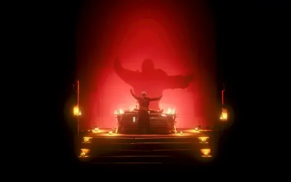 A striking HD wallpaper from the video game Metro Awakening, featuring a dramatic scene with a figure illuminated by warm candlelight against a deep red background.