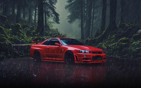  Rainy forest AI generated Nissan Skyline R34 GTR.