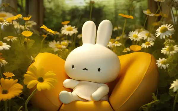 A serene HD PC desktop wallpaper featuring Miffy, a cute white bunny, sitting on a yellow cushion surrounded by cheerful daisies in a lush green setting.