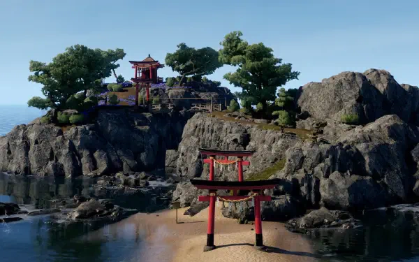 HD wallpaper featuring a serene landscape from the video game Sengoku Dynasty, showcasing a rocky shoreline with traditional structures, lush greenery, and tranquil waters.