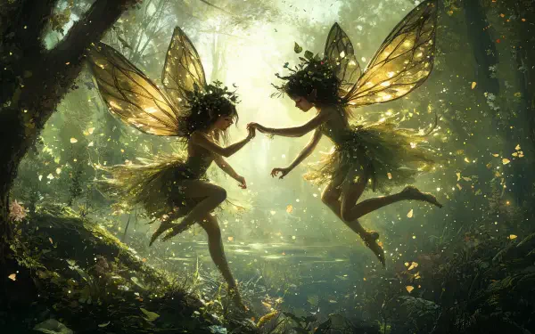 A enchanting scene of forest fairies dancing in a magical woodland, illuminated by soft light and surrounded by shimmering foliage, captured in stunning 4K Ultra HD quality.