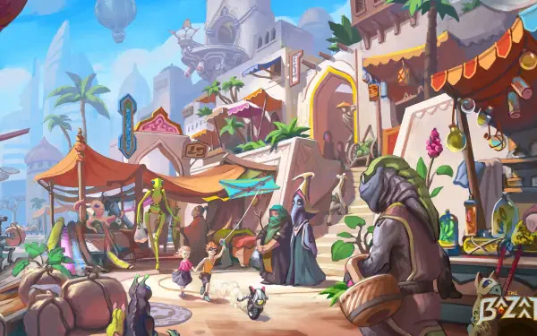 A vibrant bazaar scene from a video game, showcasing colorful stalls, diverse characters, and enchanting architecture, creating a lively atmosphere in stunning 4K Ultra HD.