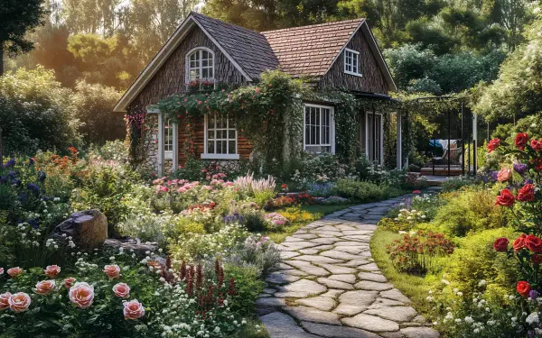 Charming cottage surrounded by vibrant flowers and lush greenery, capturing the essence of cottagecore. This serene scene makes for an inviting 4K Ultra HD desktop wallpaper.