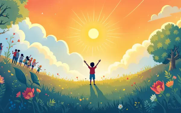 A child stands joyfully in a sunlit meadow surrounded by nature, with others watching nearby under a vibrant sky, captured in a 4K Ultra HD PC desktop wallpaper.