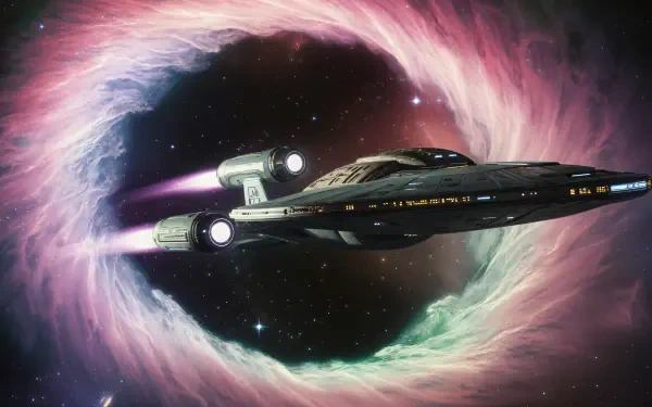 A stunning 4K Ultra HD desktop wallpaper featuring a sleek spaceship navigating through a vibrant warp drive, set against a swirling cosmic background.