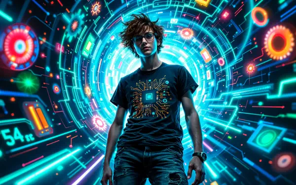 A young person with tousled hair stands confidently in a vibrant, futuristic digital landscape, wearing a tech-themed T-shirt. This 4K Ultra HD wallpaper captures a geek-inspired aesthetic.