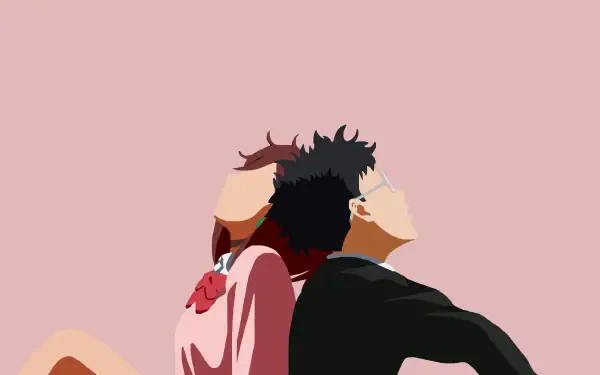 Minimalist 4K Ultra HD anime wallpaper featuring Ken Takakura and Momo Ayase from Dandadan against a soft pink background.
