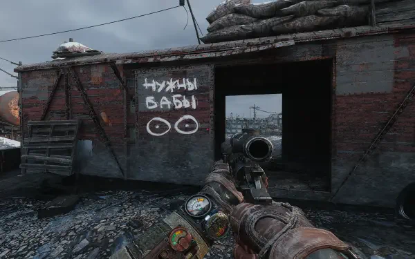 A scene from Metro Exodus featuring a character holding a weapon, standing in front of a weathered building with graffiti. The gritty ambiance captures the game's post-apocalyptic setting.