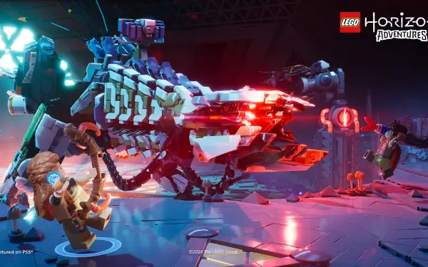 A vibrant HD PC wallpaper from Lego Horizon Adventures, featuring dynamic scenes with colorful characters battling a robotic creature in a futuristic setting.