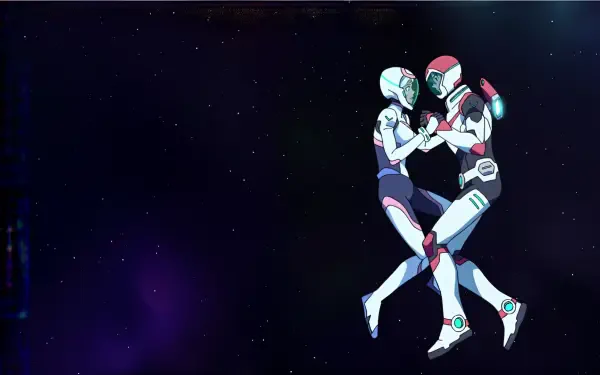 A vibrant 4K Ultra HD wallpaper featuring Keith Kogane from Voltron: Legendary Defender, showcasing a dynamic interaction between two characters against a cosmic backdrop.