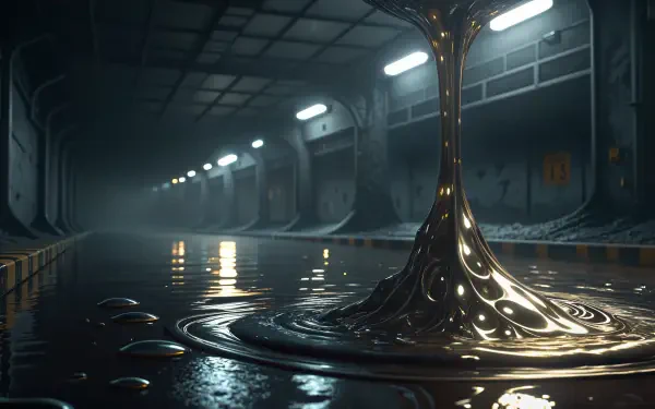 A captivating 4K Ultra HD desktop wallpaper showcasing a metallic liquid forming intricate patterns in a dimly lit industrial space, with reflections on the glossy surface.
