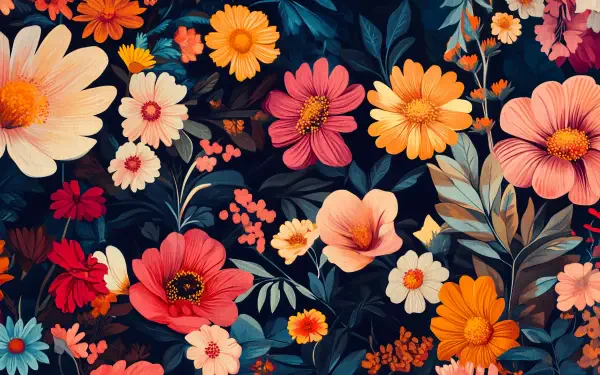 A vibrant floral pattern featuring a variety of colorful flowers against a dark background, designed as a 4K Ultra HD PC desktop wallpaper and background.