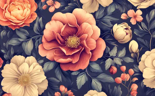 A vibrant floral pattern featuring large pink and white flowers with green leaves, showcasing intricate details, designed as a 4K Ultra HD PC desktop wallpaper and background.
