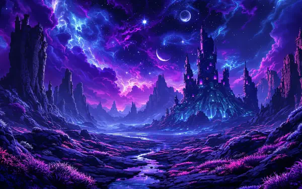 A vibrant fantasy landscape with a majestic castle, illuminated by a cosmic night sky filled with stars and planets, showcasing rich colors and intricate details in 4K Ultra HD.