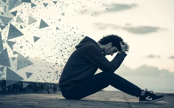 A heartbroken individual sits in solitude, head in hands, surrounded by fragmented shapes, conveying deep emotion and introspection in a captivating 4K Ultra HD background.