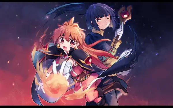 HD anime desktop wallpaper featuring Lina Inverse and Xelloss from Slayers, showcasing vibrant colors and dynamic magical action.