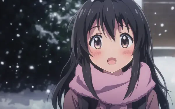 A cheerful anime girl with long black hair smiles warmly, bundled in a pink scarf, as snowflakes fall around her in a serene winter setting. 4K Ultra HD wallpaper background.