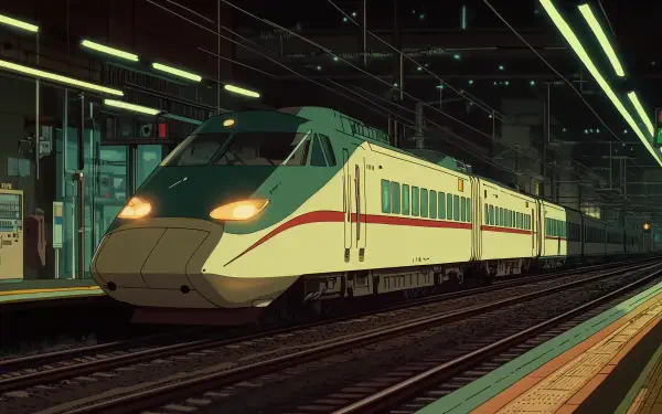 A vibrant anime train stands at a station, illuminated by glowing lights, capturing a dynamic moment in this 4K Ultra HD PC desktop wallpaper and background.