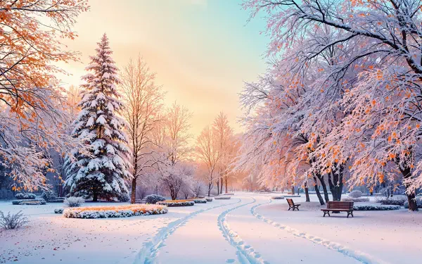 A serene snowy park scene featuring snow-covered trees and a winding path, illuminated by soft sunlight, serving as a stunning 4K Ultra HD PC desktop wallpaper.