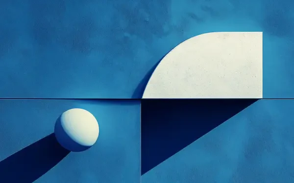 A minimalist blue wallpaper featuring geometric shapes, including a white sphere and a curved white form casting shadows against a smooth blue background in 4K Ultra HD.