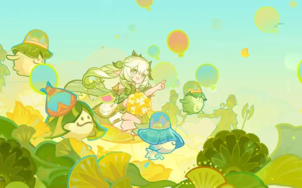 A vibrant 4K Ultra HD desktop wallpaper featuring Nahida from Genshin Impact, surrounded by colorful creatures and lush greenery, capturing the enchanting atmosphere of the game.