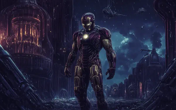 A dark HD wallpaper featuring Iron Man standing confidently amidst a futuristic, dystopian landscape, blending comic elements with a dramatic atmosphere.