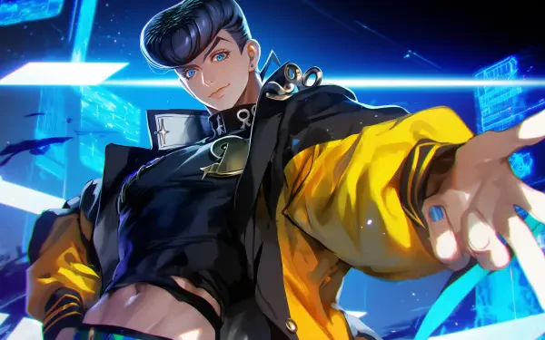 A vibrant HD desktop wallpaper featuring Josuke Higashikata from Jojo's Bizarre Adventure, showcasing his striking blue anime aesthetic and dynamic pose against a futuristic background.