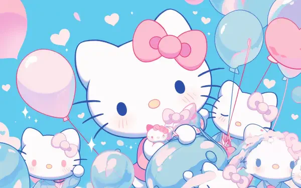 Aesthetic anime illustration featuring Hello Kitty surrounded by playful balloons, creating a cheerful and vibrant atmosphere suitable for HD PC desktop wallpaper.