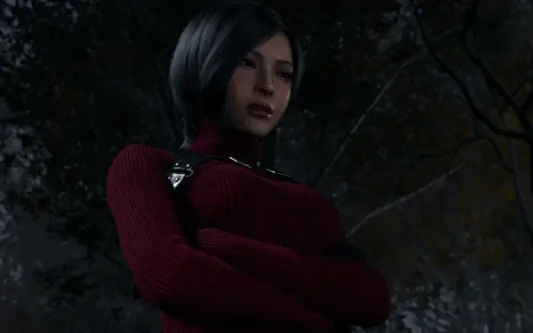 A striking 4K Ultra HD wallpaper featuring Ada Wong from Resident Evil 4 (2023), showcasing her confident demeanor in a dark, atmospheric setting.