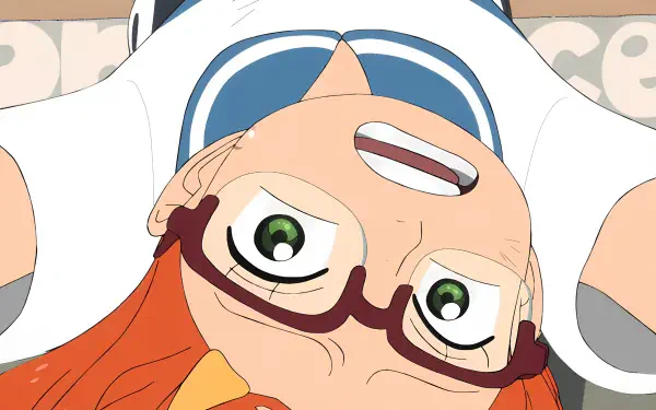 A close-up shot of an anime girl with red hair and glasses, inspired by One Piece, featured in a 4K Ultra HD fan letter desktop wallpaper from the TV show.