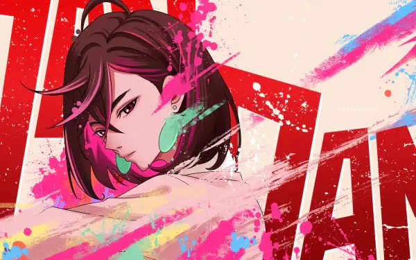 Vibrant 4K Ultra HD anime wallpaper featuring Momo Ayase from Dandadan with colorful paint splashes and bold red text in the background.