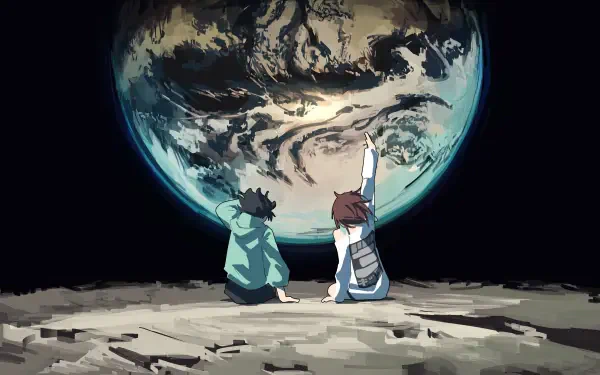 HD anime desktop wallpaper featuring Dandadan characters Momo Ayase and Ken Takakura sitting on a rocky surface with a large Earth-like planet in the background.